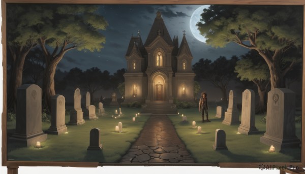 1girl,long hair,multiple girls,brown hair,1boy,standing,outdoors,sky,cloud,water,tree,night,moon,grass,cross,star (sky),nature,night sky,scenery,forest,starry sky,fantasy,candle,crescent moon,church,border,full moon,ghost,castle,tombstone,path,graveyard