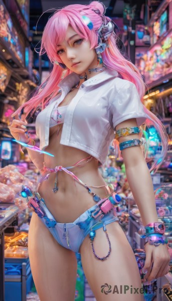 1girl,solo,long hair,breasts,looking at viewer,blue eyes,shirt,hair ornament,navel,jewelry,medium breasts,underwear,standing,swimsuit,white shirt,pink hair,short sleeves,bikini,cowboy shot,earrings,parted lips,shorts,choker,midriff,belt,nail polish,bra,blurry,bracelet,lips,crop top,see-through,short shorts,blurry background,piercing,denim,blue nails,denim shorts,realistic,open fly,navel piercing,micro shorts,bangs,closed mouth,open clothes,artist name,signature,necklace,stomach,collar,underboob,depth of field,headgear,headphones,watermark,white bikini,ring,ground vehicle,web address,pink nails,armlet,headset,white bra,cropped jacket,nose,car,cable,white nails,neon lights