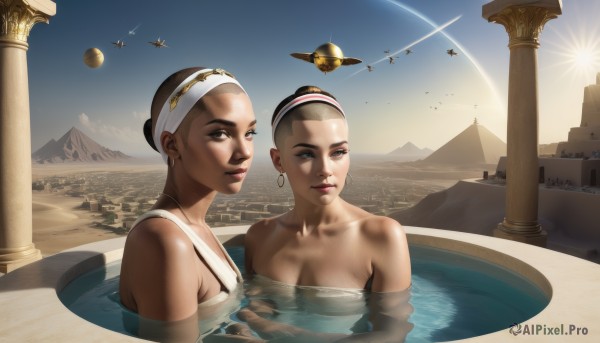 breasts,looking at viewer,short hair,multiple girls,brown hair,black hair,2girls,cleavage,brown eyes,jewelry,medium breasts,nude,hairband,earrings,outdoors,sky,day,dark skin,water,dark-skinned female,lips,headband,siblings,dual persona,partially submerged,hoop earrings,mountain,realistic,aircraft,sun,airplane,bathing,bath,bathtub,spacecraft,desert,jet,hair bun,bird,tan,scenery,planet,very dark skin,fighter jet