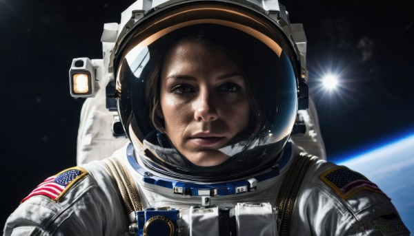 1girl,solo,looking at viewer,brown hair,brown eyes,upper body,lips,helmet,reflection,realistic,space,planet,earth (planet),american flag,spacesuit,united states,astronaut,black hair,1boy,male focus,moon,science fiction,sun,flag print,japanese flag,space helmet,american flag print