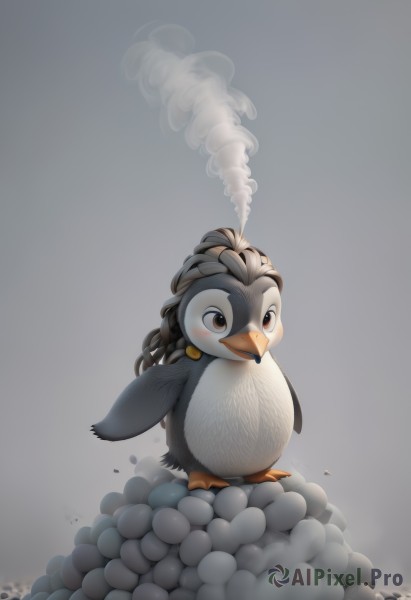 solo,blush,simple background,brown eyes,closed mouth,standing,full body,grey background,no humans,bird,animal,steam,smoke,animal focus,penguin,fog,beak,open mouth,artist name,duck