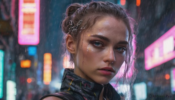 1girl, solo, looking at viewer, short hair, blue eyes, brown hair, upper body, parted lips, hair bun, blurry, lips, wet, night, blurry background, portrait, rain, realistic, nose, wet hair, cyberpunk, neon lights