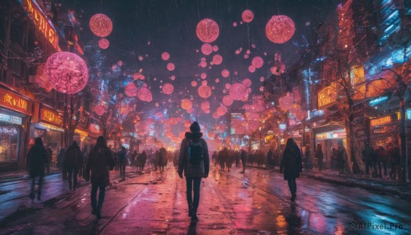 outdoors, multiple boys, sky, bag, dutch angle, night, moon, backpack, building, night sky, scenery, walking, rain, 6+boys, city, sign, road, dark, balloon, street, crowd, neon lights, people, pavement, crosswalk, vanishing point