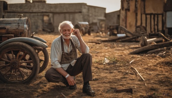 solo,looking at viewer,smile,short hair,blonde hair,shirt,1boy,sitting,full body,white shirt,weapon,white hair,male focus,boots,outdoors,shoes,glasses,collared shirt,pants,black footwear,blurry,vest,blurry background,facial hair,black pants,sunglasses,ground vehicle,motor vehicle,beard,sleeves rolled up,watch,realistic,adjusting eyewear,wristwatch,brown pants,old,motorcycle,old man,photo background,open mouth,hand up,apron,scar,crying,scar on face,scar across eye,bicycle,wheel,old woman