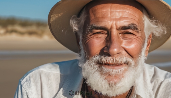 solo,looking at viewer,smile,shirt,1boy,hat,closed eyes,white shirt,upper body,white hair,male focus,outdoors,parted lips,teeth,day,collared shirt,necklace,blurry,blurry background,facial hair,thick eyebrows,portrait,facing viewer,beard,mature male,realistic,mustache,brown headwear,straw hat,manly,old,old man,wrinkled skin,grey hair,sky,striped,shiny,grin,blue sky,lips,depth of field,^ ^,vertical stripes,meme,sun hat,striped shirt,pinstripe pattern,vertical-striped shirt