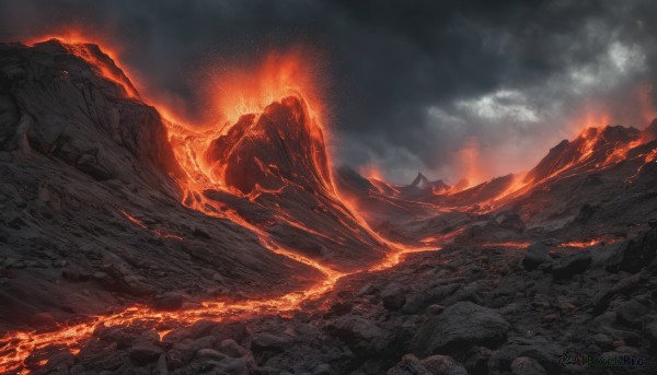 outdoors, sky, cloud, no humans, cloudy sky, fire, scenery, rock, mountain, molten rock