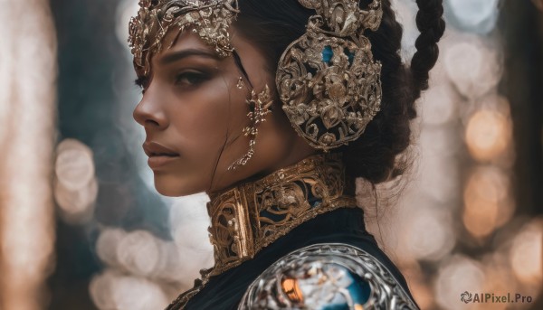 1girl,solo,looking at viewer,brown hair,black hair,hair ornament,brown eyes,jewelry,closed mouth,braid,earrings,dark skin,armor,blurry,black eyes,from side,dark-skinned female,lips,eyelashes,profile,depth of field,blurry background,gem,portrait,gold trim,realistic,headpiece,nose,sideways glance,long hair,bokeh