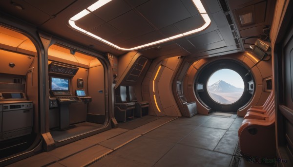 indoors,no humans,window,scenery,reflection,science fiction,door,tiles,cable,tile floor,washing machine,seat,sky,mountain,realistic,space,monitor,planet,earth (planet),spacecraft,cockpit,screen