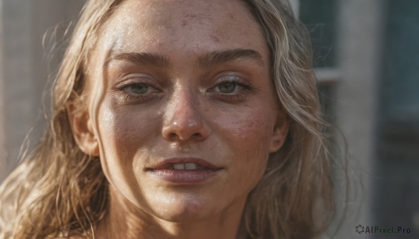 1girl,solo,long hair,looking at viewer,smile,blue eyes,blonde hair,green eyes,parted lips,teeth,grin,blurry,lips,eyelashes,depth of field,blurry background,heterochromia,portrait,close-up,forehead,freckles,realistic,nose,brown eyes