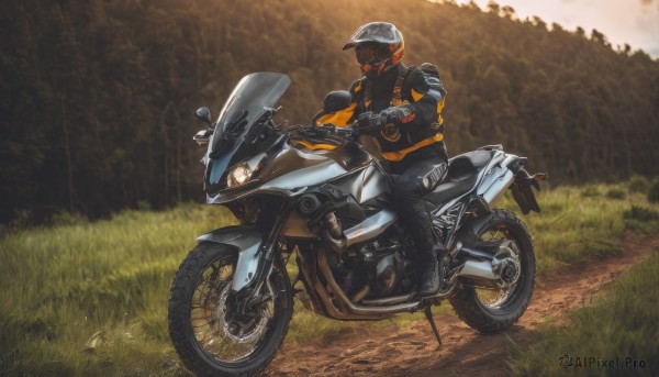 solo,gloves,1boy,jacket,weapon,male focus,outdoors,blurry,tree,gun,helmet,grass,ground vehicle,nature,motor vehicle,science fiction,riding,motorcycle,motorcycle helmet,on motorcycle,sitting,boots,armor,mask,glowing,1other,road,leather jacket