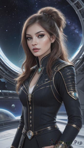 1girl,solo,long hair,breasts,looking at viewer,brown hair,long sleeves,cleavage,brown eyes,jewelry,medium breasts,upper body,ponytail,parted lips,belt,artist name,signature,nail polish,bracelet,lips,star (sky),science fiction,realistic,space,planet,earth (planet),jacket,necklace,hand on hip,makeup,starry sky,freckles,nose