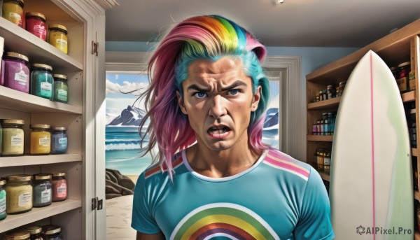 solo,long hair,looking at viewer,open mouth,blue eyes,blonde hair,shirt,1boy,blue hair,upper body,pink hair,short sleeves,male focus,multicolored hair,teeth,day,cloud,indoors,water,two-tone hair,lips,gradient hair,ocean,parody,bottle,blue shirt,t-shirt,multicolored clothes,realistic,nose,bookshelf,shelf,refrigerator,rainbow hair,purple hair,green hair,clenched teeth,jar,shop