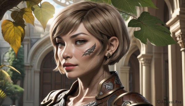 1girl,solo,looking at viewer,smile,short hair,bangs,brown hair,brown eyes,jewelry,closed mouth,earrings,outdoors,day,armor,blurry,lips,eyelashes,tattoo,makeup,blurry background,swept bangs,leaf,scar,plant,lipstick,shoulder armor,portrait,freckles,pauldrons,nose,red lips,mascara,artist name,signature,scar on face,realistic,hyur