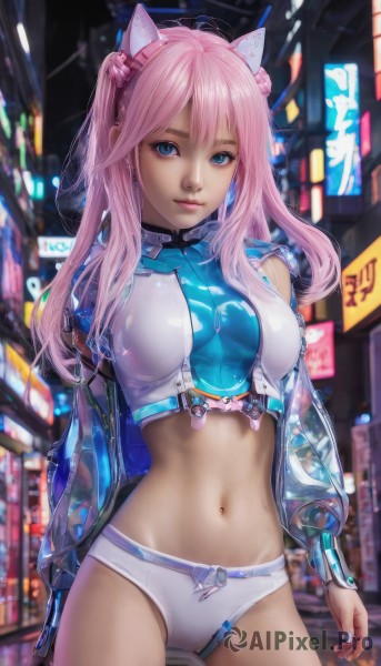 1girl,solo,long hair,breasts,looking at viewer,bangs,blue eyes,thighhighs,navel,animal ears,twintails,medium breasts,closed mouth,underwear,standing,panties,jacket,pink hair,cowboy shot,shorts,midriff,cat ears,stomach,nail polish,white panties,blurry,lips,crop top,see-through,makeup,blurry background,fake animal ears,blue nails,cropped jacket,contrapposto,realistic,jewelry,earrings,outdoors,shiny,short shorts,night,science fiction,city,city lights,cyberpunk,neon lights