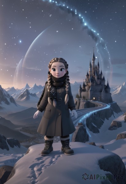 1girl,solo,long hair,looking at viewer,smile,blonde hair,brown hair,long sleeves,twintails,brown eyes,standing,full body,braid,boots,outdoors,parted lips,sky,scarf,black eyes,twin braids,coat,night,child,star (sky),night sky,scenery,hair over shoulder,snow,forehead,starry sky,snowing,mountain,fantasy,winter clothes,female child,winter,castle,constellation,aurora,blush,black hair,gloves,black footwear,tree,fur trim,black coat