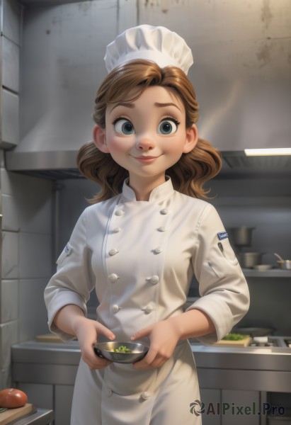 1girl,solo,long hair,looking at viewer,smile,blue eyes,brown hair,long sleeves,hat,holding,closed mouth,standing,cowboy shot,food,indoors,medium hair,lips,buttons,bowl,female child,cooking,kitchen,holding bowl,chef hat,chef,soup,cutting board,nose,double-breasted