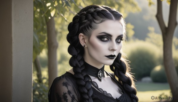 1girl,solo,long hair,breasts,looking at viewer,black hair,dress,cleavage,jewelry,closed mouth,upper body,braid,multicolored hair,earrings,outdoors,choker,day,artist name,blurry,black eyes,black dress,twin braids,two-tone hair,tree,lips,see-through,grey eyes,makeup,depth of field,blurry background,lipstick,pale skin,portrait,nature,eyeshadow,forest,mascara,gothic,black lips,multiple braids,collarbone,signature,collar,eyelashes,watermark,sunlight,thick eyebrows,lace,nose,red lips,stud earrings,eyeliner