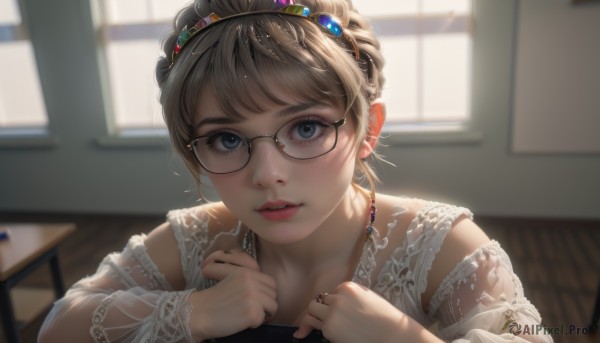 1girl,solo,looking at viewer,short hair,bangs,blue eyes,blonde hair,hair ornament,jewelry,upper body,earrings,parted lips,glasses,indoors,necklace,blurry,lips,window,depth of field,blurry background,ring,portrait,desk,freckles,black-framed eyewear,realistic,round eyewear,classroom,brown-framed eyewear,blush,brown hair,black hair,teeth,day,see-through,eyelashes,makeup,piercing,table,sunlight,tiara,ear piercing,backlighting