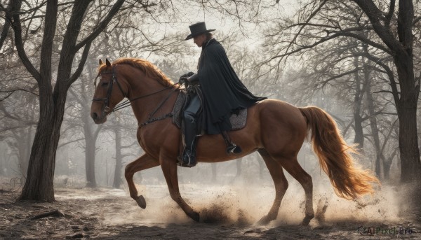 black hair,gloves,1boy,hat,sitting,weapon,male focus,boots,outdoors,pants,cape,black footwear,tree,black headwear,animal,nature,cloak,forest,top hat,black cape,riding,horse,bare tree,black cloak,fog,horseback riding,dust,headless,reins,saddle,solo,holding,from side,black pants