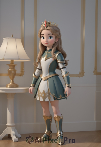 1girl,solo,long hair,looking at viewer,smile,skirt,blonde hair,brown hair,dress,closed mouth,standing,full body,boots,indoors,armor,black eyes,lips,table,crown,shoulder armor,child,breastplate,armored dress,female child,armored boots,lamp,blush,blue eyes,artist name,window,white skirt,tiara,aged down,green dress