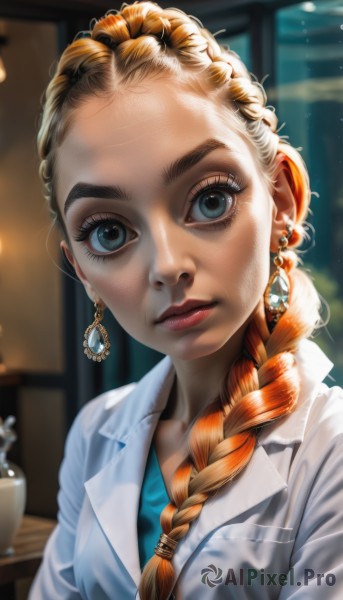 1girl,solo,long hair,looking at viewer,blue eyes,blonde hair,shirt,jewelry,closed mouth,upper body,braid,earrings,artist name,indoors,orange hair,blurry,lips,head tilt,eyelashes,single braid,makeup,depth of field,blurry background,blue shirt,hair over shoulder,forehead,freckles,realistic,nose,labcoat,hair pulled back,mascara,signature,aqua eyes,coat,watermark,expressionless,sunlight,thick eyebrows,lipstick,gem,web address,backlighting,glint,red lips,aqua shirt