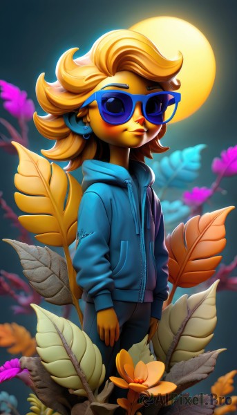 1girl,solo,looking at viewer,blonde hair,long sleeves,jewelry,closed mouth,standing,jacket,flower,cowboy shot,earrings,outdoors,glasses,pants,artist name,signature,hood,medium hair,blurry,lips,hoodie,blurry background,colored skin,leaf,watermark,moon,sunglasses,hood down,blue jacket,full moon,backlighting,yellow flower,blue skin,arms at sides,drawstring,stud earrings,tinted eyewear,blue hoodie,blue-framed eyewear,orange skin,blue-tinted eyewear,short hair,shirt,open clothes,shiny,flat chest,open jacket,eyelashes,makeup,night,black pants,plant,lipstick,hooded jacket,zipper,pocket,nose,branch,yellow skin