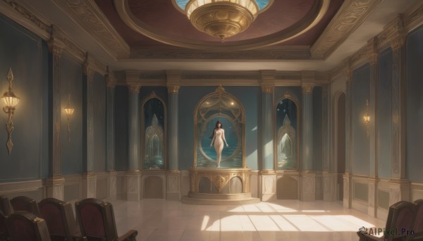 1girl,solo,long hair,breasts,brown hair,black hair,dress,standing,nude,barefoot,indoors,white dress,window,shadow,glowing,chair,sunlight,scenery,reflection,light rays,stairs,fantasy,tiles,light,lamp,tile floor,wide shot,pillar,armchair,painting (object),chandelier,medium breasts,very long hair,wings,book,completely nude,angel wings,angel,statue