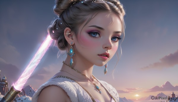 1girl,solo,looking at viewer,blush,short hair,blue eyes,blonde hair,brown hair,jewelry,collarbone,upper body,weapon,earrings,outdoors,parted lips,sky,teeth,sword,cloud,necklace,hair bun,lips,eyelashes,makeup,single hair bun,lipstick,portrait,mountain,realistic,fantasy,glowing weapon,energy sword,sunrise,lightsaber,holding,cleavage,holding weapon,glowing,holding sword,piercing,gem,eyeshadow,nose,castle,mascara