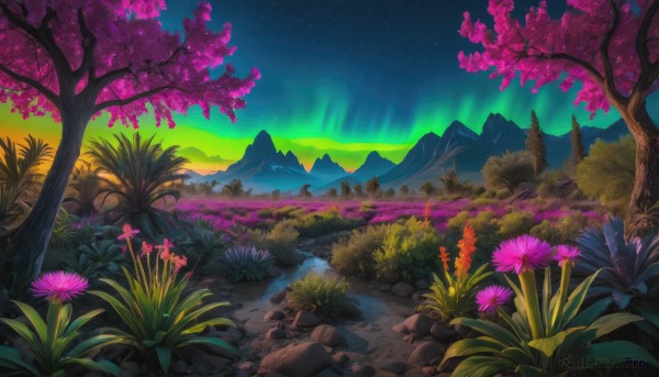 A landscape amidst a vivid sunset outdoors