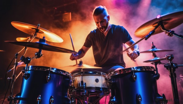 solo,short hair,open mouth,shirt,1boy,white hair,male focus,black shirt,facial hair,t-shirt,instrument,realistic,music,playing instrument,drum,drumsticks,drum set,beard