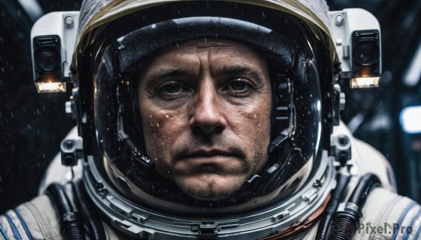 solo,looking at viewer,1boy,brown eyes,closed mouth,male focus,blurry,black eyes,blurry background,facial hair,helmet,portrait,reflection,science fiction,realistic,spacesuit,astronaut,beard,close-up,serious,stubble,space