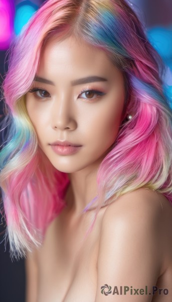 1girl,solo,long hair,breasts,looking at viewer,blonde hair,cleavage,bare shoulders,brown eyes,jewelry,medium breasts,closed mouth,blue hair,collarbone,upper body,pink hair,nude,multicolored hair,earrings,blurry,two-tone hair,lips,eyelashes,gradient hair,makeup,portrait,eyeshadow,realistic,nose,artist name