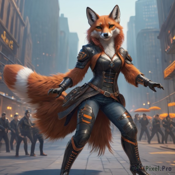 1girl,breasts,looking at viewer,shirt,gloves,long sleeves,animal ears,cleavage,medium breasts,standing,jacket,tail,full body,weapon,boots,outdoors,multiple boys,solo focus,day,black gloves,belt,pants,artist name,black footwear,armor,blurry,high heels,gun,fox ears,depth of field,blurry background,fox tail,fox girl,shoulder armor,gauntlets,building,claws,furry,walking,legs apart,pauldrons,pouch,jeans,city,furry female,blue pants,vambraces,knee pads,body fur,white fur,belt pouch,police,street,police uniform,people,orange fur,digitigrade,solo,green eyes,signature,black jacket,6+boys