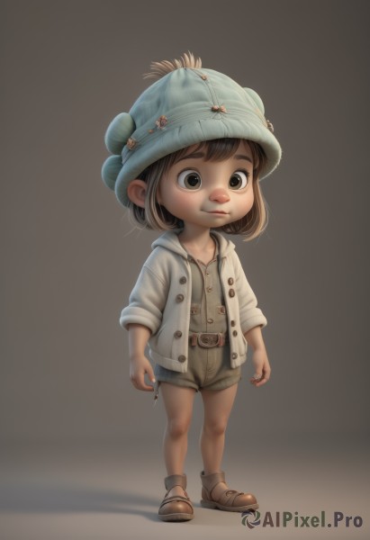 1girl,solo,short hair,simple background,brown hair,shirt,hat,brown eyes,closed mouth,standing,jacket,full body,open clothes,shorts,belt,hood,black eyes,blood,buttons,brown footwear,sandals,white jacket,child,blue headwear,brown background,female child,lips,hoodie,shadow,realistic