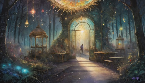 1girl,solo,long hair,1boy,standing,flower,outdoors,indoors,tree,window,night,glowing,chair,table,grass,plant,nature,scenery,light particles,forest,lantern,stairs,fantasy,light,lamp,bench,bare tree,path,hat,from behind,bird,crystal,door,facing away,mushroom