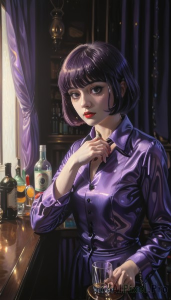 1girl,solo,breasts,looking at viewer,short hair,bangs,skirt,shirt,black hair,long sleeves,holding,brown eyes,upper body,purple hair,parted lips,shiny,collared shirt,indoors,hand up,blunt bangs,nail polish,mole,black eyes,cup,lips,eyelashes,dress shirt,makeup,buttons,bob cut,bottle,lipstick,curtains,holding cup,alcohol,drinking glass,blue nails,reflection,adjusting clothes,nose,drink,purple shirt,red lips,glass,eyeliner,wine bottle,bar (place),whiskey,dress,closed mouth,standing,window,purple dress,candle,wine glass,wine