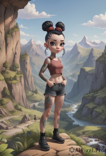 1girl,solo,breasts,looking at viewer,smile,blue eyes,black hair,navel,bare shoulders,jewelry,closed mouth,standing,collarbone,full body,earrings,small breasts,boots,outdoors,sky,shoes,shorts,sleeveless,day,midriff,artist name,cloud,water,hair bun,black footwear,black eyes,tree,blue sky,lips,crop top,short shorts,double bun,tattoo,makeup,black shorts,single hair bun,thick eyebrows,tank top,grass,denim,nature,forehead,denim shorts,hands on hips,hoop earrings,rock,mountain,hands in pockets,red lips,ankle boots,arm tattoo,shoulder tattoo,river,waterfall,leg tattoo,stomach tattoo,cliff,full-body tattoo,short hair,hair ornament,1boy,solo focus,socks,nose,giant,giantess,mohawk,neck tattoo,combat boots