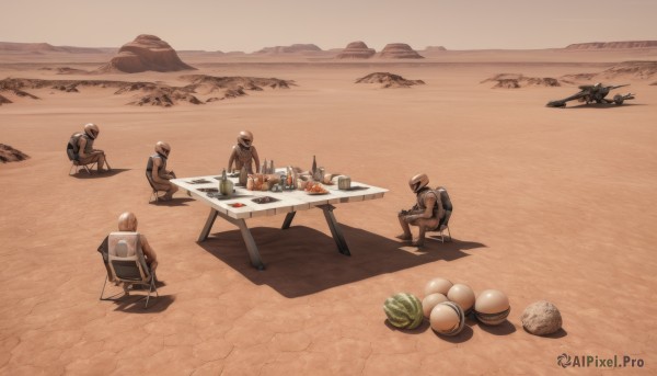 hat,sitting,outdoors,food,multiple boys,uniform,cup,military,military uniform,chair,beach,table,helmet,scenery,plate,6+boys,bowl,military hat,mountain,sand,soldier,desert,water,no humans,fruit,ocean,bottle,robot,science fiction,bread