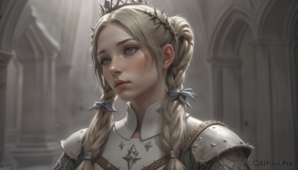 1girl,solo,long hair,blonde hair,bow,ribbon,twintails,brown eyes,hair ribbon,upper body,braid,hair bow,artist name,indoors,armor,blurry,twin braids,lips,blurry background,looking away,tiara,crown,looking up,shoulder armor,portrait,hair over shoulder,freckles,pauldrons,realistic,blush,bangs,closed mouth,mole,parted bangs,depth of field,sunlight,blue ribbon,forehead,nose,red lips,hair behind ear,pillar,column