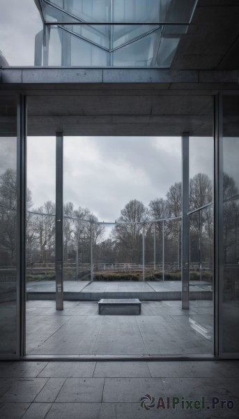 outdoors,sky,day,cloud,indoors,tree,no humans,window,cloudy sky,building,scenery,reflection,fence,railing,tiles,bench,tile floor,bare tree,grey sky,grey theme,nature,forest,road