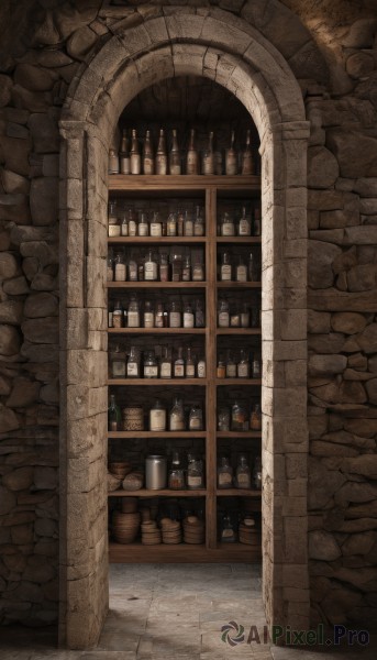 indoors,cup,no humans,bottle,scenery,alcohol,tiles,wall,brick wall,shelf,wine bottle,bar (place),barrel,fantasy,jar,arch,stone floor,stone wall