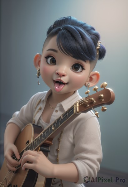 1girl,solo,looking at viewer,smile,short hair,open mouth,bangs,shirt,black hair,hair ornament,holding,brown eyes,jewelry,white shirt,upper body,earrings,teeth,tongue,indoors,tongue out,necklace,hair bun,blurry,eyelashes,blurry background,swept bangs,fangs,piercing,instrument,child,sleeves rolled up,realistic,music,guitar,female child,playing instrument,holding instrument,electric guitar,tongue piercing