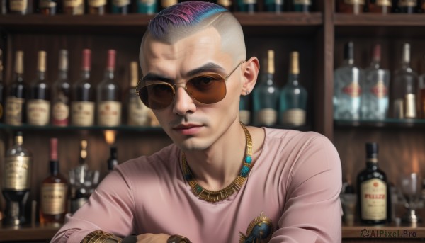 solo,looking at viewer,short hair,shirt,1boy,jewelry,closed mouth,upper body,pink hair,purple hair,male focus,multicolored hair,earrings,glasses,indoors,necklace,blurry,bracelet,two-tone hair,lips,blurry background,facial hair,piercing,sunglasses,bottle,ear piercing,alcohol,pink shirt,watch,realistic,wristwatch,candle,bald,very short hair,undercut,wine bottle,bar (place),gold chain,aviator sunglasses,whiskey,black hair,tattoo,stud earrings,mohawk