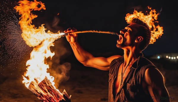 solo,open mouth,shirt,1boy,jewelry,upper body,male focus,sky,sleeveless,dark skin,necklace,vest,muscular,night,facial hair,sunglasses,dark-skinned male,fire,instrument,night sky,...,smoke,fireworks,burning,parody,breathing fire