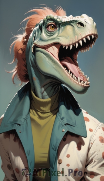 solo,looking at viewer,open mouth,simple background,shirt,1boy,jacket,yellow eyes,upper body,male focus,open clothes,teeth,tongue,sweater,open jacket,gradient,gradient background,turtleneck,blue background,white jacket,sharp teeth,yellow shirt,turtleneck sweater,collared jacket,dinosaur,lizard,long hair,orange hair,no humans,colored skin,green skin,alien