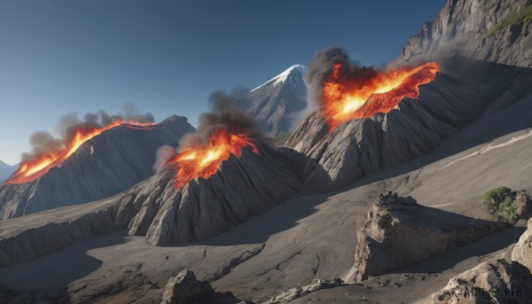 outdoors,sky,day,cloud,tree,blue sky,no humans,fire,nature,scenery,smoke,rock,mountain,landscape,burning,molten rock,desert