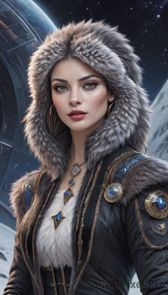 1girl,solo,long hair,looking at viewer,brown hair,black hair,brown eyes,jewelry,jacket,upper body,earrings,parted lips,open clothes,sky,hood,necklace,lips,coat,grey eyes,fur trim,makeup,lipstick,star (sky),snow,pendant,hood up,starry sky,freckles,hoop earrings,realistic,nose,red lips,space,planet,earth (planet),fur-trimmed hood,parka,breasts,grey hair,artist name,signature,black jacket,eyelashes,gem,hooded jacket,eyeshadow