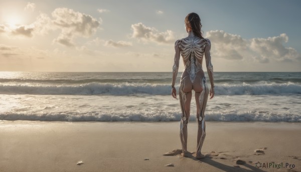 1girl, solo, long hair, ass, outdoors, sky, day, cloud, from behind, no humans, ocean, beach, scenery, science fiction, sand, horizon, waves