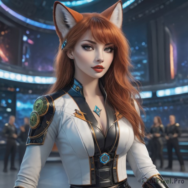 1girl,solo,long hair,breasts,looking at viewer,bangs,brown hair,hair ornament,gloves,long sleeves,animal ears,cleavage,brown eyes,jewelry,medium breasts,jacket,upper body,earrings,parted lips,multiple boys,solo focus,black gloves,belt,necklace,orange hair,blurry,lips,fox ears,makeup,depth of field,blurry background,white jacket,lipstick,fox girl,eyeshadow,realistic,red lips,large breasts,closed mouth,red hair,eyelashes,bodysuit,cropped jacket,crowd