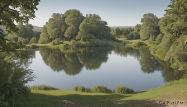 outdoors,sky,day,cloud,water,tree,blue sky,no humans,grass,nature,scenery,forest,reflection,rock,mountain,river,landscape,lake,plant,bush,reflective water